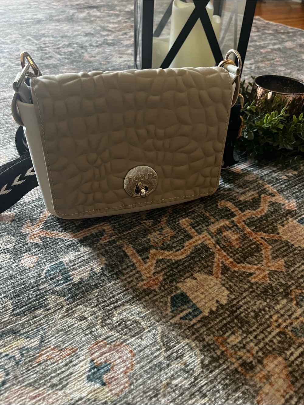 MOOST Quilted Crossbody Bag in Beige with Black Strap